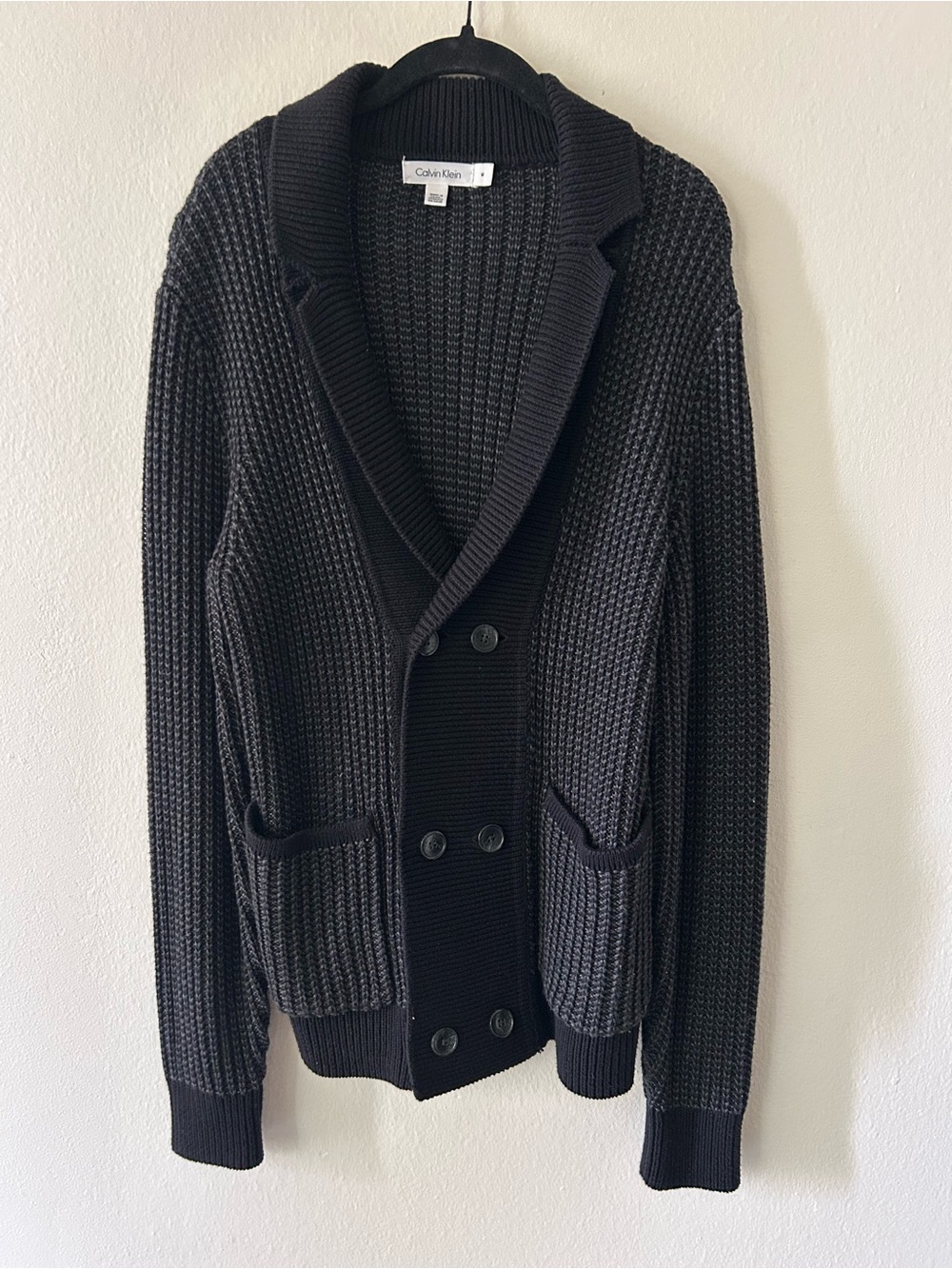 Calvin Klein Men’s Black Shawl Collar Knit Cardigan Sweater Black Grey Academia - Picture 1 of 6